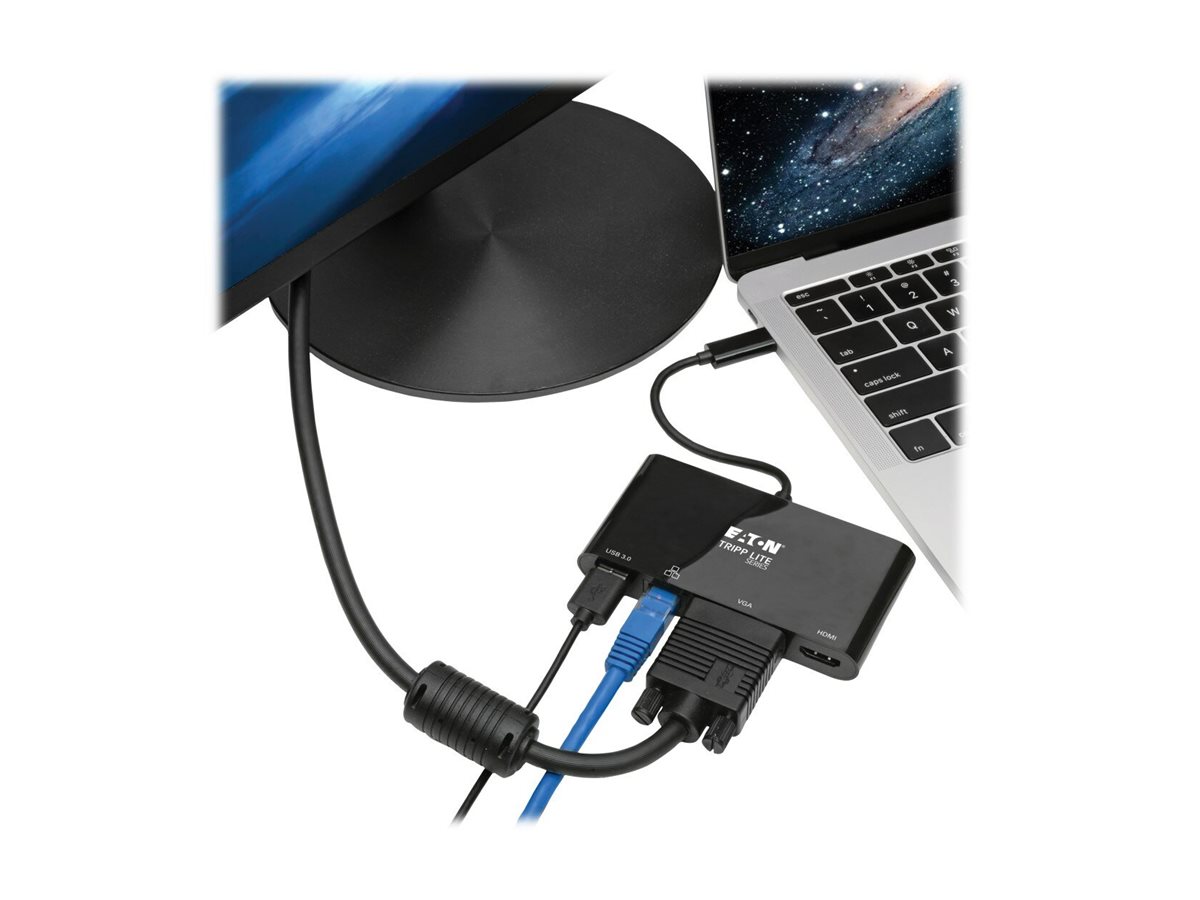 Eaton Tripp Lite Series USB 3.1 Gen 1 USB-C Adapter Converter Thunderbolt 3 Compatible 4K @ 30Hz - HDMI, VGA, USB-A Hub Port and Gigabit Ethernet, Black - Estação de engate - USB-C 3.1 - VGA, HDMI - 1GbE