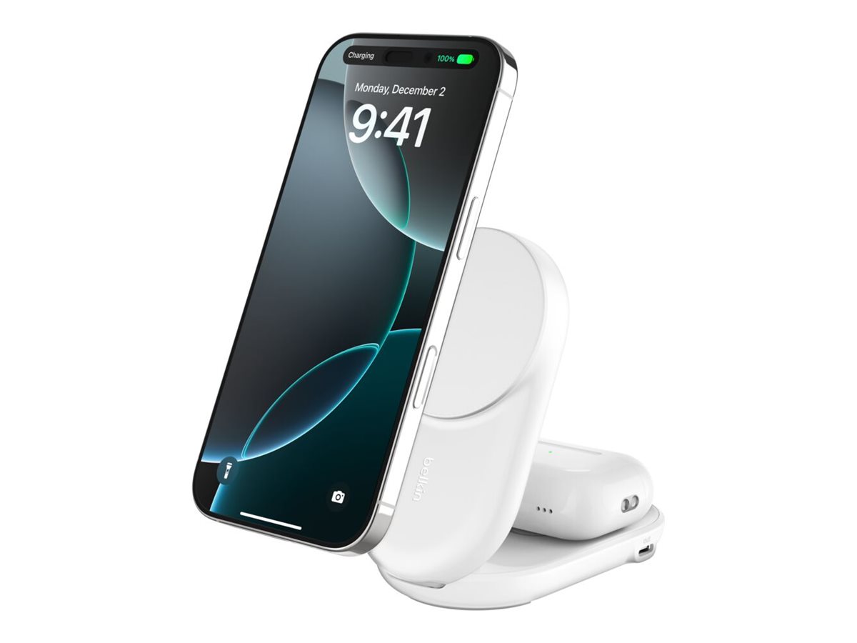 Belkin UltraCharge - Base de carregamento sem fios - 2-em-1, Qi2, magnético, dobrável + adaptador de energia AC - 25 Watt - Ultra Fast Charge (USB-C) - branco