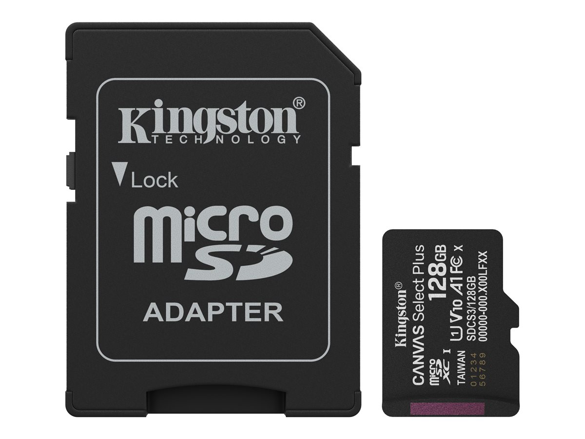 Kingston Canvas Select Plus - Cartão de memória flash (adaptador microSDXC para SD Incluído) - 128 GB - A1 / Video Class V10 / UHS-I U1 / Class10 - microSDXC UHS-I