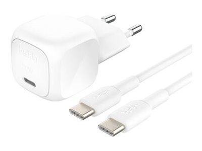 Belkin BoostCharge - Adaptador de alimentação - compacto - 20 Watt - Fast Charge, PD 3.1/PPS (USB-C) - no cabo: USB-C - branco - com Cabo USB-C (1m)