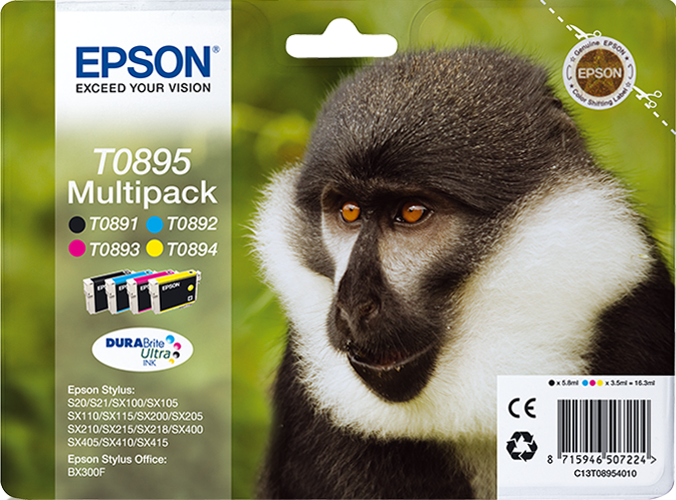 Epson T0895 Multipack - Pack de 4 - preto, amarelo, azul cyan, magenta - original - blister - tinteiro - para Stylus S21, SX110, SX115, SX210, SX215, SX218, SX400, SX410, SX415, Stylus Office BX300