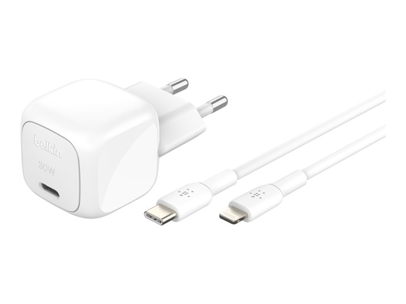 Belkin BoostCharge - Adaptador de alimentação - compacto - 30 Watt - Fornecimento de Energia 3.1 (USB-C) - no cabo: Lightning - com cabo USB-C para Lightning (1m)
