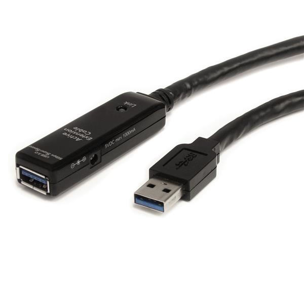 StarTech.com 16.4ft Active USB 3.0 Extension Cable with AC Power Adapter - Shielded - Male to Female USB USB 3.1 Gen 1 Type A (5Gbps) Extender (USB3AAEXT5M) - Cabo de extensão USB - USB Tipo A (M) para USB Tipo A (F) - USB 3.0 - 5 m - activo - preto