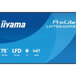 iiyama ProLite LH7564UHS-B1AG - 75" Classe Diagonal (74.5" visível) ecrã LCD com luz de fundo LED - sinalização digital - com leitor multimédia SoC incorporado - 4K UHD (2160p) 3840 x 2160 - moldura preta com acabamento mate