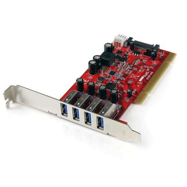 StarTech.com 4 Port PCI SuperSpeed USB 3.0 Adapter Card with SATA/SP4 Power - Quad Port PCI USB 3 Controller Card (PCIUSB3S4) - Adaptador USB - PCI-X baixo perfil - USB 3.0 x 4 - vermelho - para P/N: HBS304A24A, S3510BMU33, S3510SMU33, UNI251BMU33, U