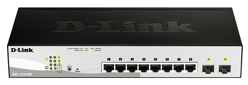 D-Link Web Smart DGS-1210-08P - Interruptor - Administrado - 8 x 10/100/1000 (PoE) + 2 x Gigabit SFP - desktop, montável em trilho - PoE (45 W)