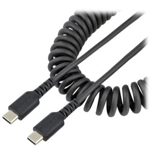 StarTech.com 20in (50cm) USB C Charging Cable, Coiled Heavy Duty Fast Charge & Sync USB-C Cable, High Quality USB 2.0 Type-C Cable, Rugged Aramid Fiber, TPE, 3A, S20, iPad, Pixel - Durable Male to Male USB, Black - Cabo USB - USB-C (M) para USB-C (M)