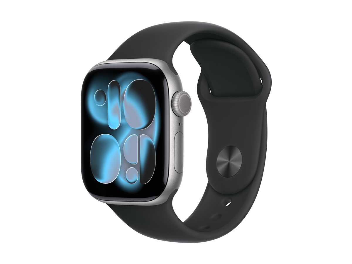 Apple Watch Series 11 (GPS) - 42 mm - alumínio cinzento espaço - relógio inteligente Com banda de desporto - fluoroelastómero - preto - tamanho da banda: S/M - 64 GB - Wi-Fi 4, UWB, Bluetooth - 30.3 g