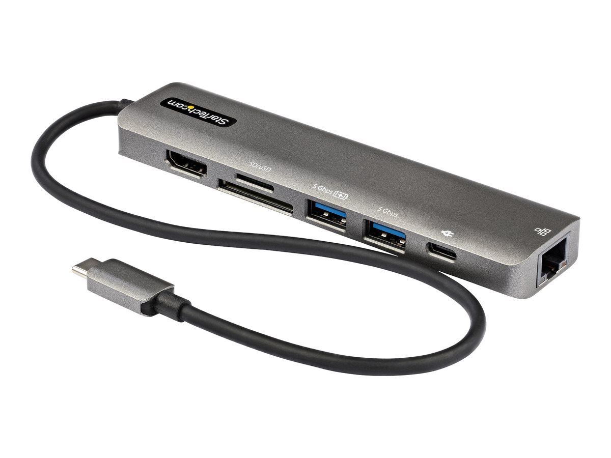 StarTech.com USB C Multiport Adapter, USB-C to 4K 60Hz HDMI 2.0, 100W Power Delivery Pass-through, SD/MicroSD, 2-Port USB 3.0 Hub, GbE, USB Type-C Mini Dock, 12" (30cm) Long Attached Cable - Works w/Thunderbolt 3 (DKT30CHSDPD1) - Estação de engate -