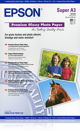 Epson Premium - Brilhante - Super A3/B (330 x 483 mm) - 255 g/m² - 20 folha(s) papel fotográfico - para SureColor SC-P700, P7500, P900, P9500, T2100, T3100, T3400, T3405, T5100, T5400, T5405