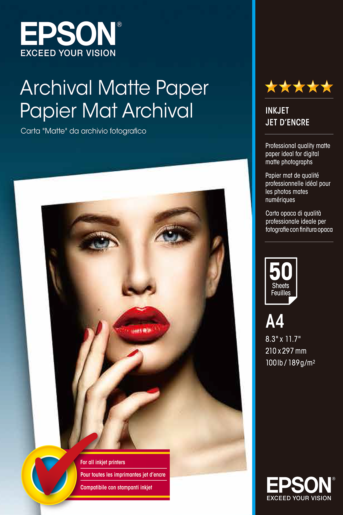 Epson Archival Matte Paper - Mate - A4 (210 x 297 mm) - 189 g/m² - 50 folha(s) papel - para SureColor SC-P700, P900, T2100, T3100, T3405, T5100, T5400, T5405, WorkForce Pro WF-C5790
