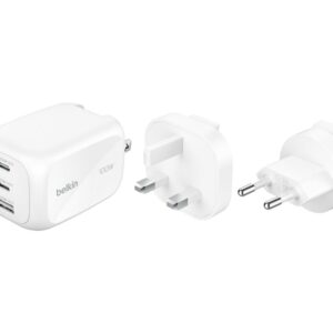 Belkin BoostCharge Pro - Adaptador de alimentação - GaN - 100 Watt - PD 3.1/PPS - 3 conectores de saída (2 x USB-C, USB) - branco - com kit de adaptadores de viagem