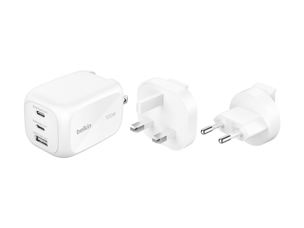 Belkin BoostCharge Pro - Adaptador de alimentação - GaN - 100 Watt - PD 3.1/PPS - 3 conectores de saída (2 x USB-C, USB) - branco - com kit de adaptadores de viagem