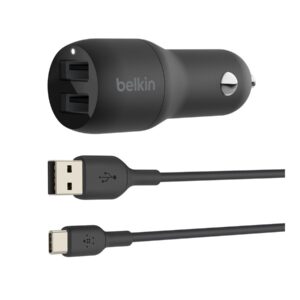 Belkin BoostCharge Dual Charger - Adaptador de energia para automóvel - 24 Watt - 4.8 A - 2 conectores de saída (USB) - no cabo: USB-C - preto