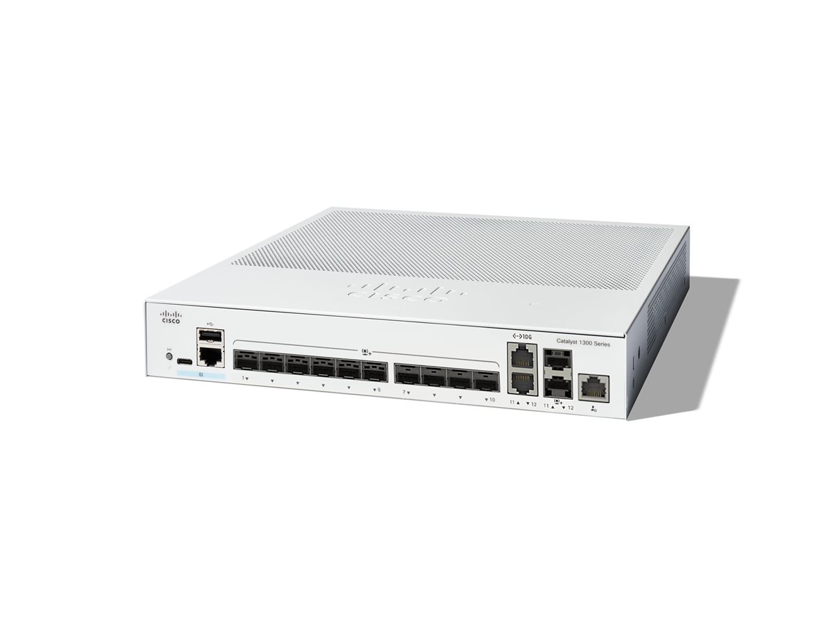 Cisco Catalyst 1300-12XS - Interruptor - L3 - inteligente - 10 x 10 Gigabit SFP+ + 2 x combo 10 Gigabit SFP+/RJ-45 - montável em trilho