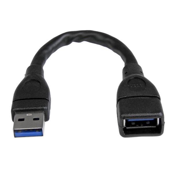 StarTech.com 6in Short USB 3.0 Extension Adapter Cable (USB-A Male to USB-A Female) - USB 3.1 Gen 1 (5Gbps) Port Saver Cable - Black (USB3EXT6INBK) - Cabo de extensão USB - USB Tipo A (F) para USB Tipo A (M) - USB 3.0 - 15.2 cm - moldado - preto - pa