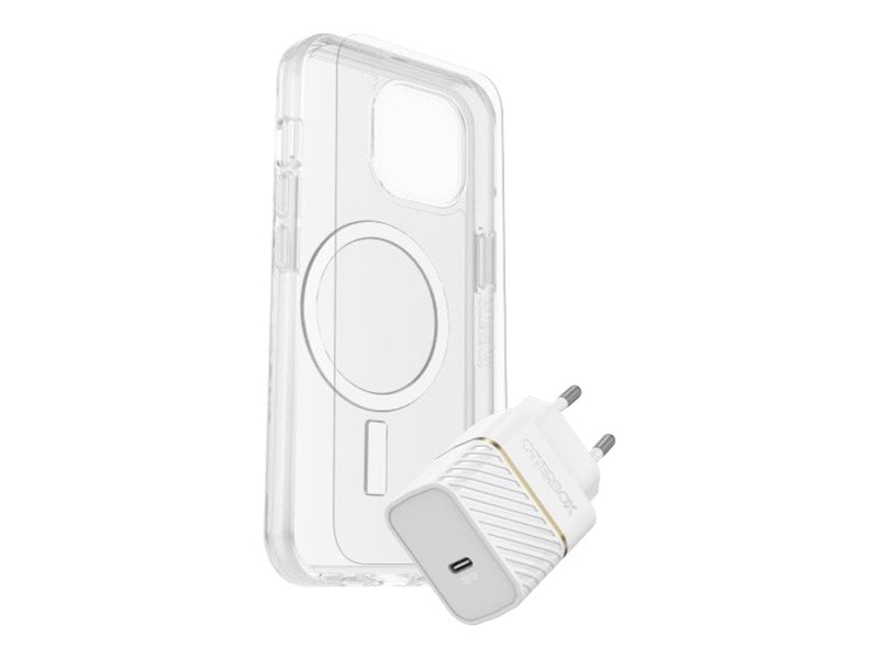 OtterBox Symmetry Series - Tampa posterior para telemóvel - compatibilidade MagSafe - claro - com Protetor de Ecrã de Vidro de Qualidade Superior e Carregador de Parede de Carregamento Rápido USB-C 30W - para Apple iPhone 16 Pro
