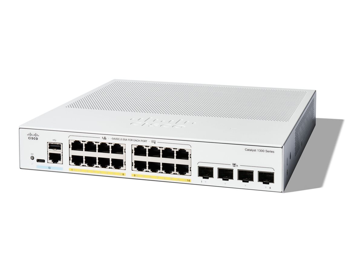Cisco Catalyst 1300-16P-4X - Interruptor - L3 - Administrado - 16 x 10/100/1000 (PoE+) + 4 x 10Gb Ethernet SFP+ - montável em trilho - PoE+ (120 W)