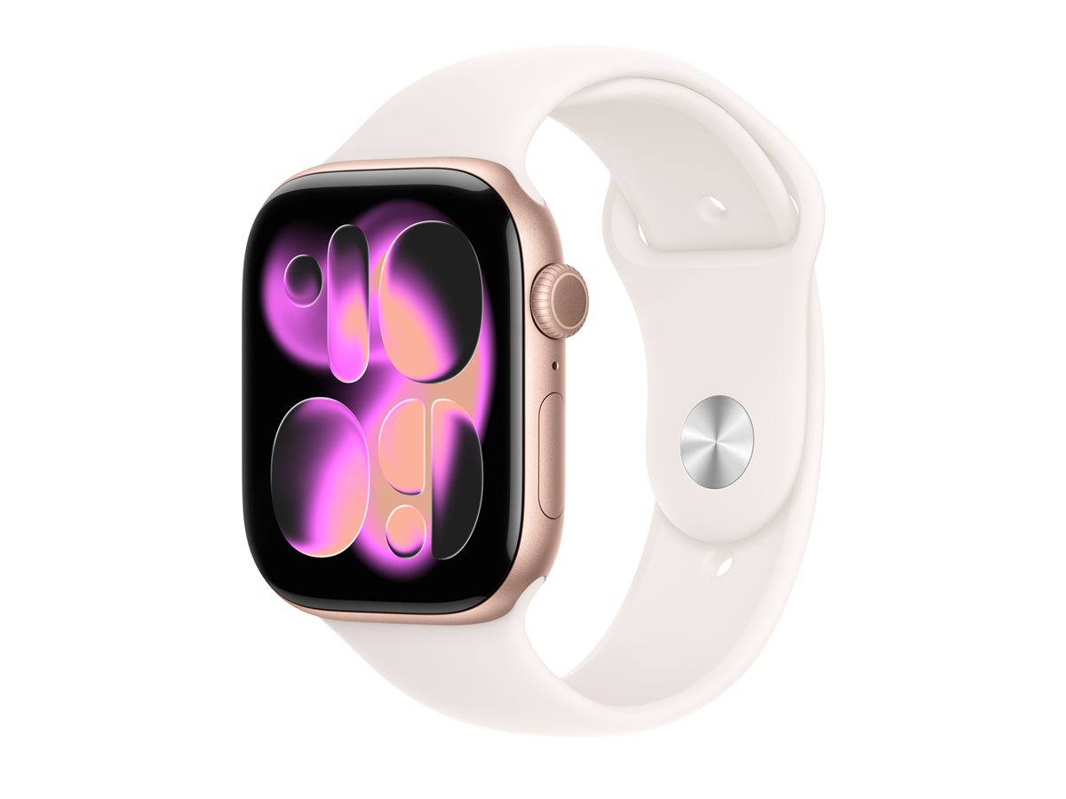 Apple Watch Series 11 (GPS) - 46 mm - alumínio dourado rosa - relógio inteligente Com banda de desporto - fluoroelastómero - rosado claro - tamanho da banda: M/L - 64 GB - Wi-Fi 4, UWB, Bluetooth - 37.8 g