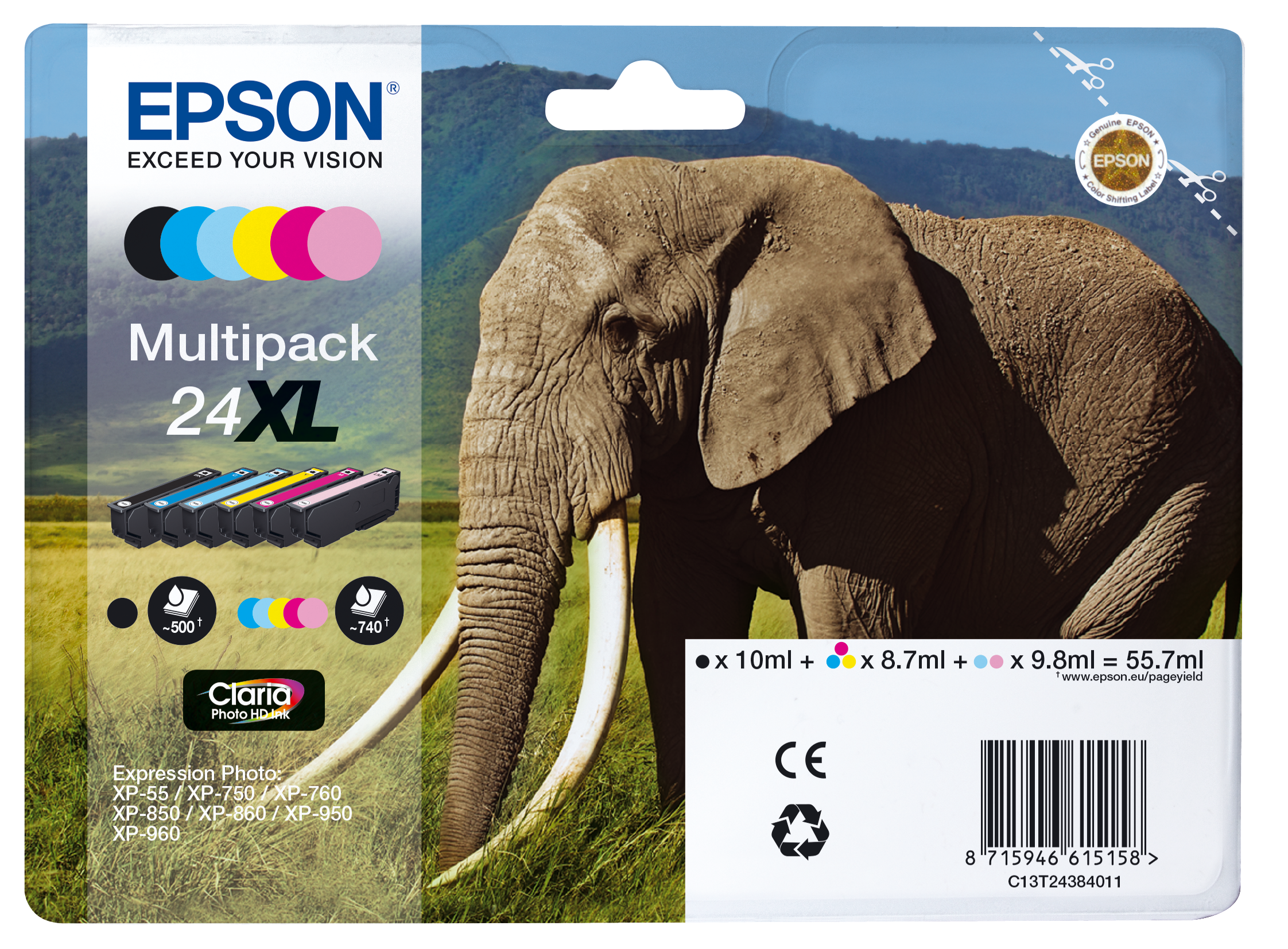 Epson 24XL Multipack - Pack de 6 - XL - preto, amarelo, azul cyan, magenta, magenta claro, azul cyan claro - original - tinteiro - para Expression Photo XP-55, XP-750, XP-760, XP-850, XP-860, XP-950, XP-960, XP-970