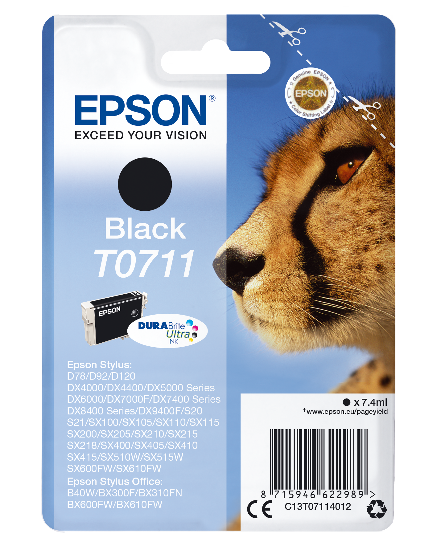 Epson T0711 - 7 ml - preto - original - blister com alarme RF - tinteiro - para Stylus DX4400, DX4450, S20, S21, SX100, SX110, SX115, Stylus Office B40W