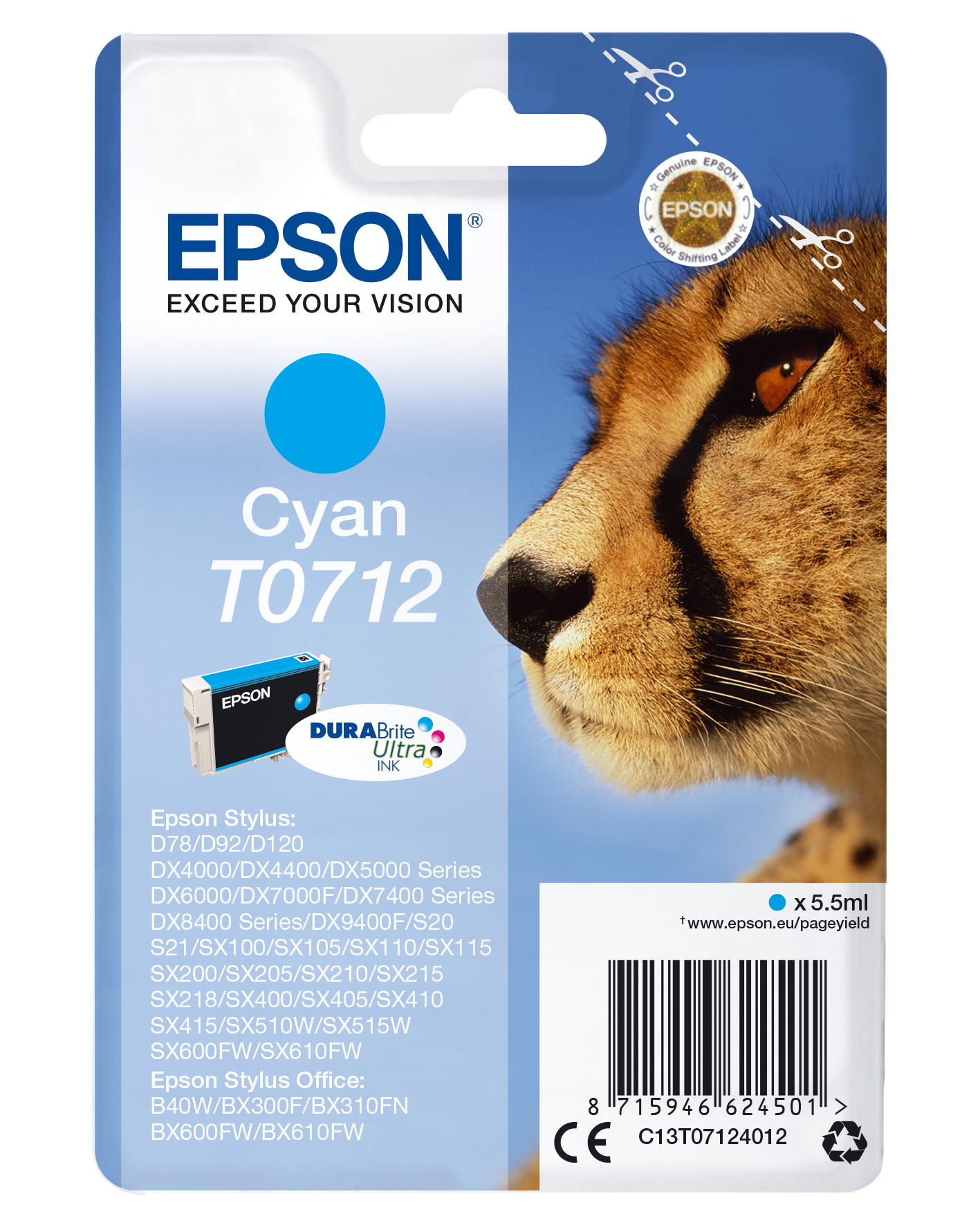 Epson T0712 - 5.5 ml - azul cyan - original - blister com RF/alarme acústico - tinteiro - para Stylus DX9400, SX115, SX210, SX215, SX218, SX415, SX515, SX610, Stylus Office BX310, BX610