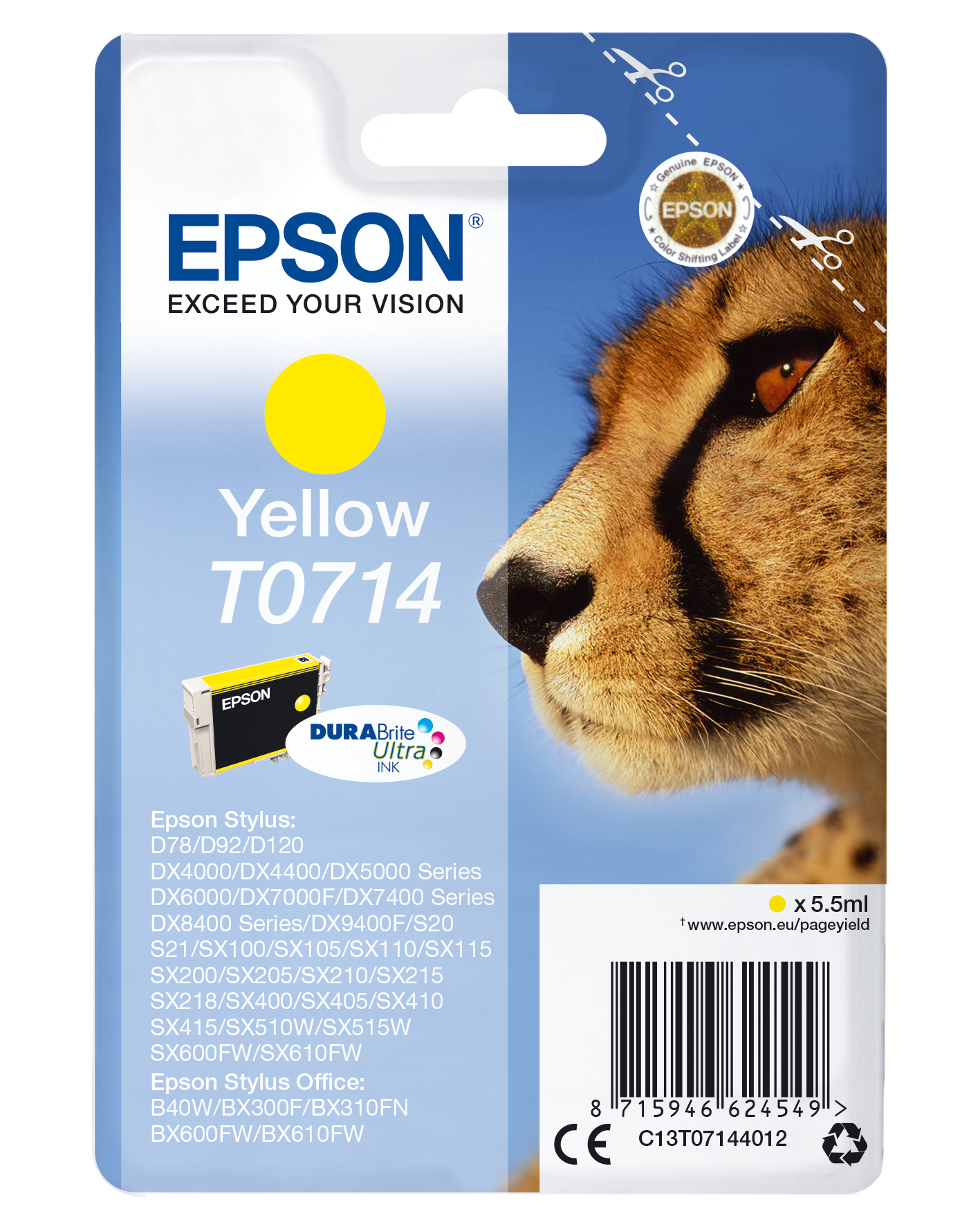 Epson T0714 - 5.5 ml - amarelo - original - blister com alarme RF - tinteiro - para Stylus DX9400, SX115, SX210, SX215, SX218, SX415, SX515, SX610, Stylus Office BX310, BX610
