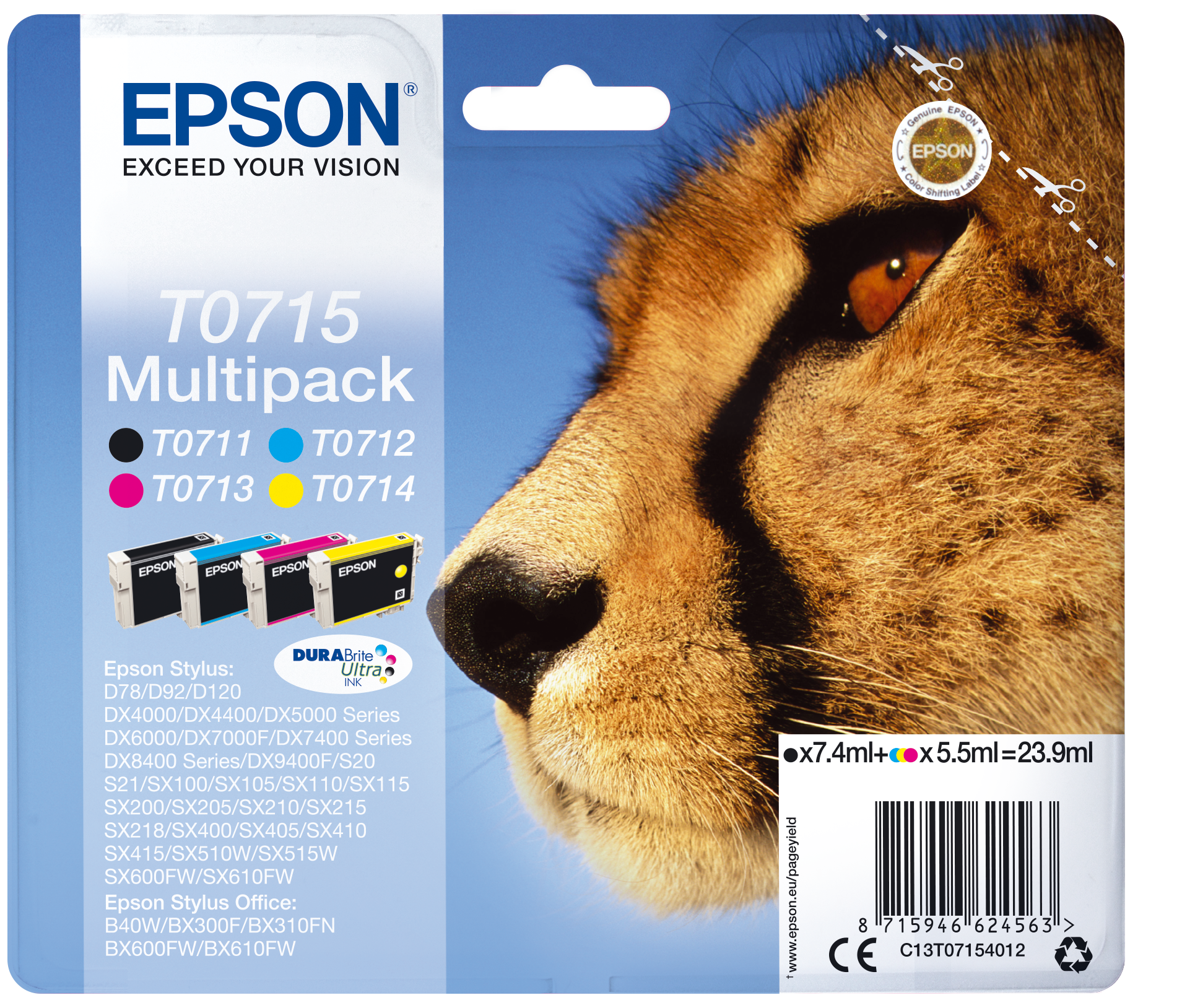 Epson T0715 Multipack - Pack de 4 - 23.9 ml - preto, amarelo, azul cyan, magenta - original - tinteiro - para Stylus DX9400, SX115, SX210, SX215, SX218, SX415, SX515, SX610, Stylus Office BX310, BX610