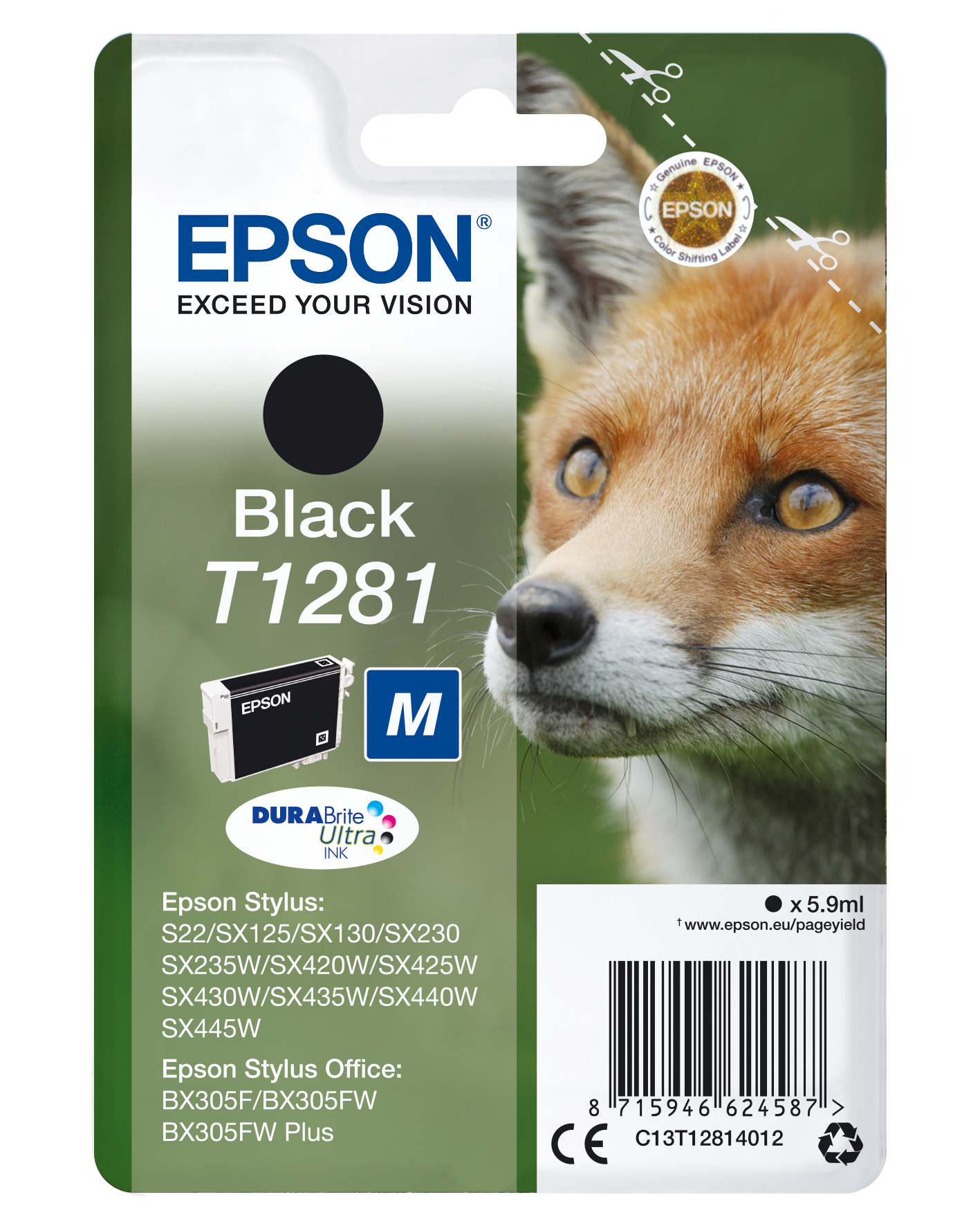 Epson T1281 - Tamanho M - preto - original - blister com RF/alarme acústico - tinteiro - para Stylus S22, SX230, SX235, SX420, SX430, SX435, SX438, SX440, SX445, Stylus Office BX305