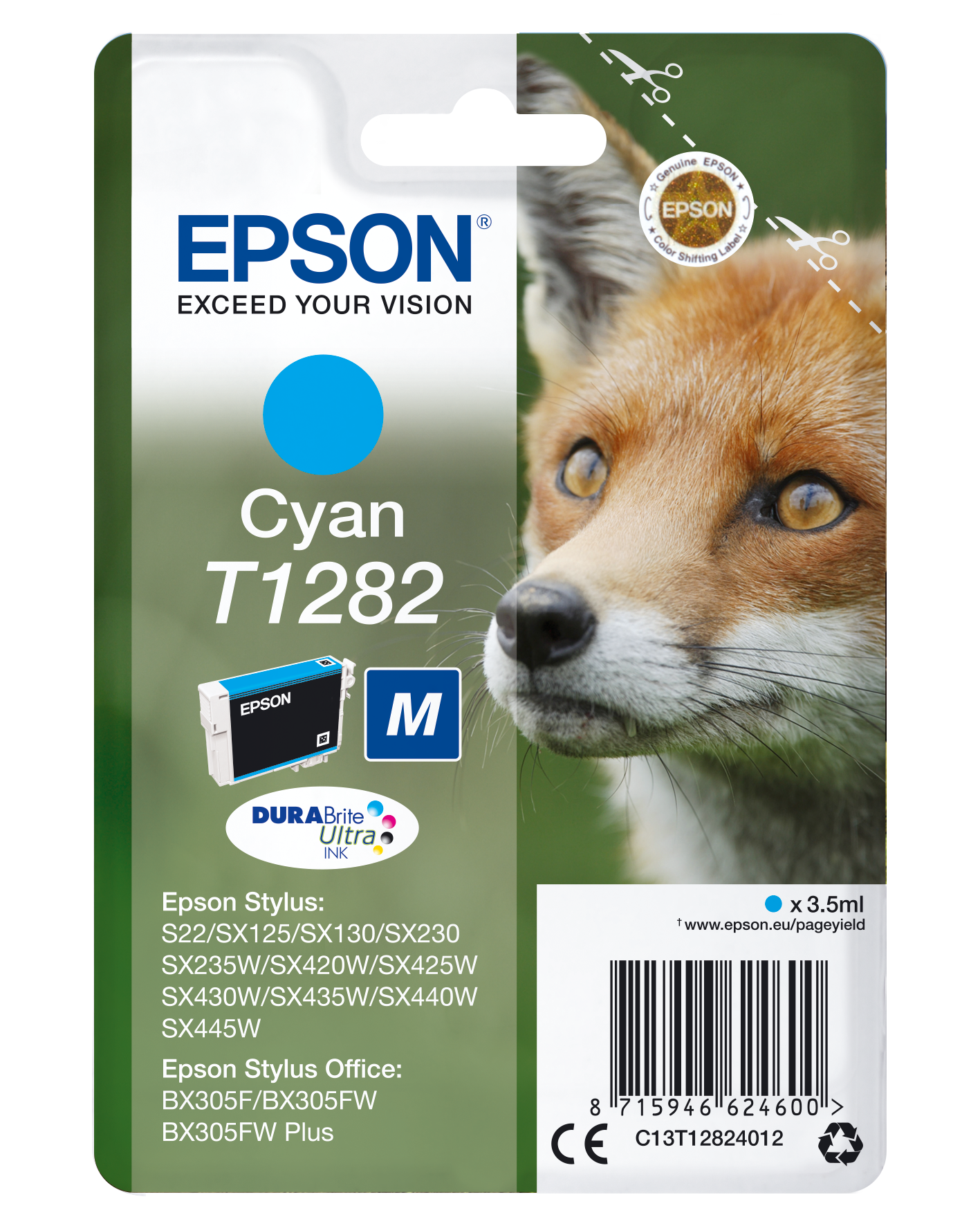 Epson T1282 - 3.5 ml - tamanho M - azul cyan - original - blister - tinteiro - para Stylus S22, SX130, SX230, SX235, SX430, SX435, SX438, SX440, SX445, Stylus Office BX305