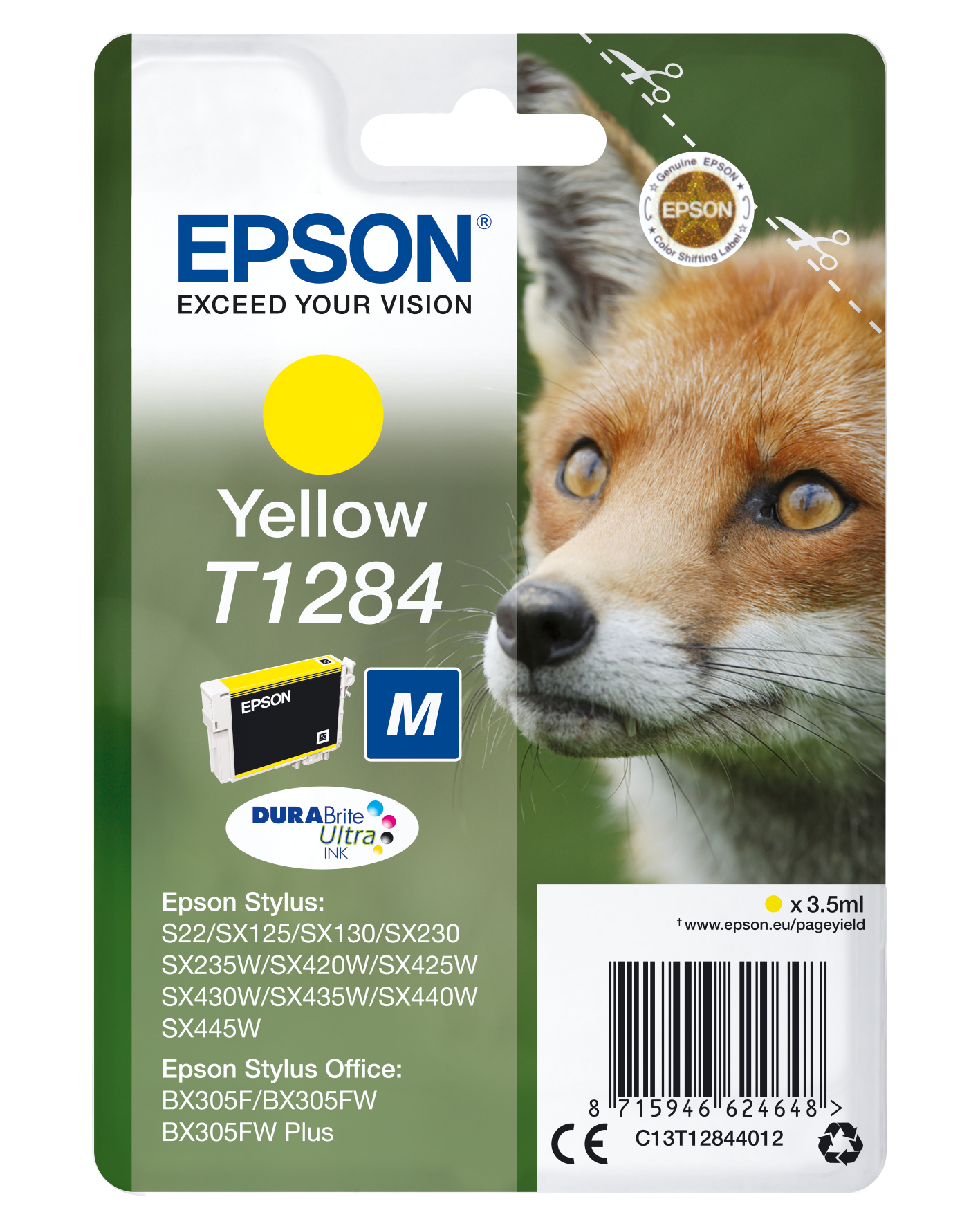 Epson T1284 - Tamanho M - amarelo - original - blister com RF/alarme acústico - tinteiro - para Stylus S22, SX230, SX235, SX420, SX430, SX435, SX438, SX440, SX445, Stylus Office BX305