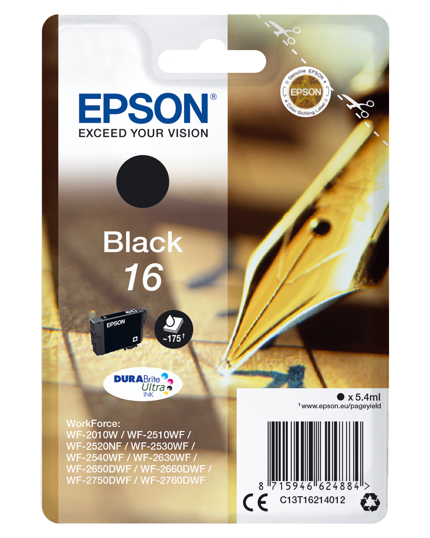 Epson 16 - 5.4 ml - preto - original - tinteiro - para WorkForce WF-2010, 2510, 2520, 2530, 2540, 2630, 2650, 2660, 2750, 2760