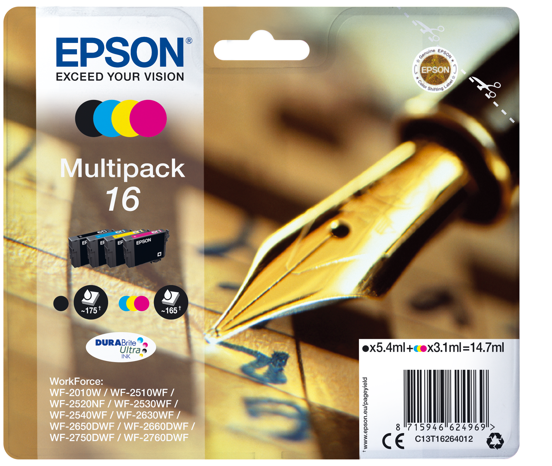 Epson 16 Multipack - Pack de 4 - preto, amarelo, azul cyan, magenta - original - blister com RF/alarme acústico - tinteiro - para WorkForce WF-2010, 2510, 2520, 2530, 2540, 2630, 2650, 2660, 2750, 2760