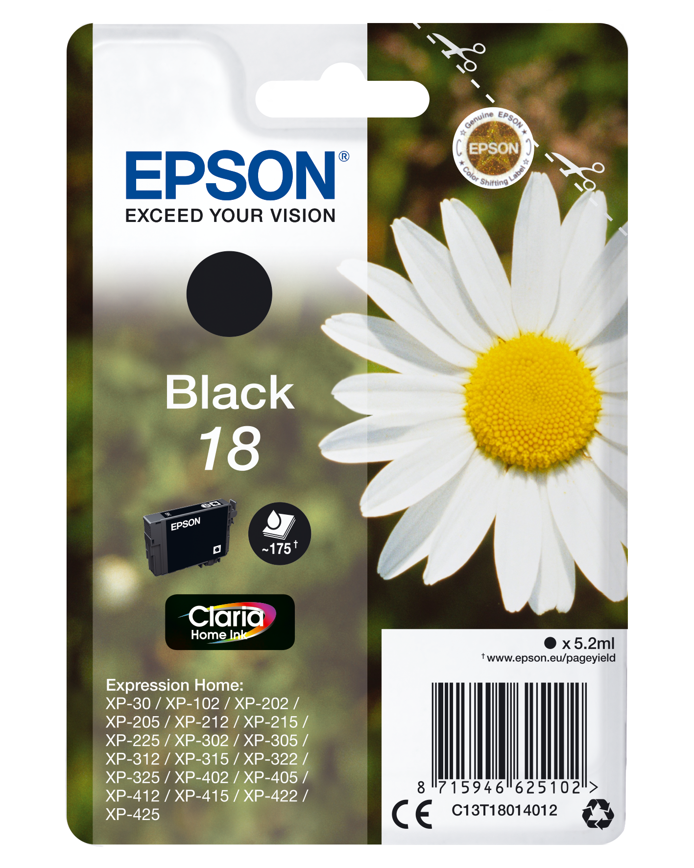 Epson 18 - 5.2 ml - preto - original - blister com RF/alarme acústico - tinteiro - para Expression Home XP-212, 215, 225, 312, 315, 322, 325, 412, 415, 422, 425