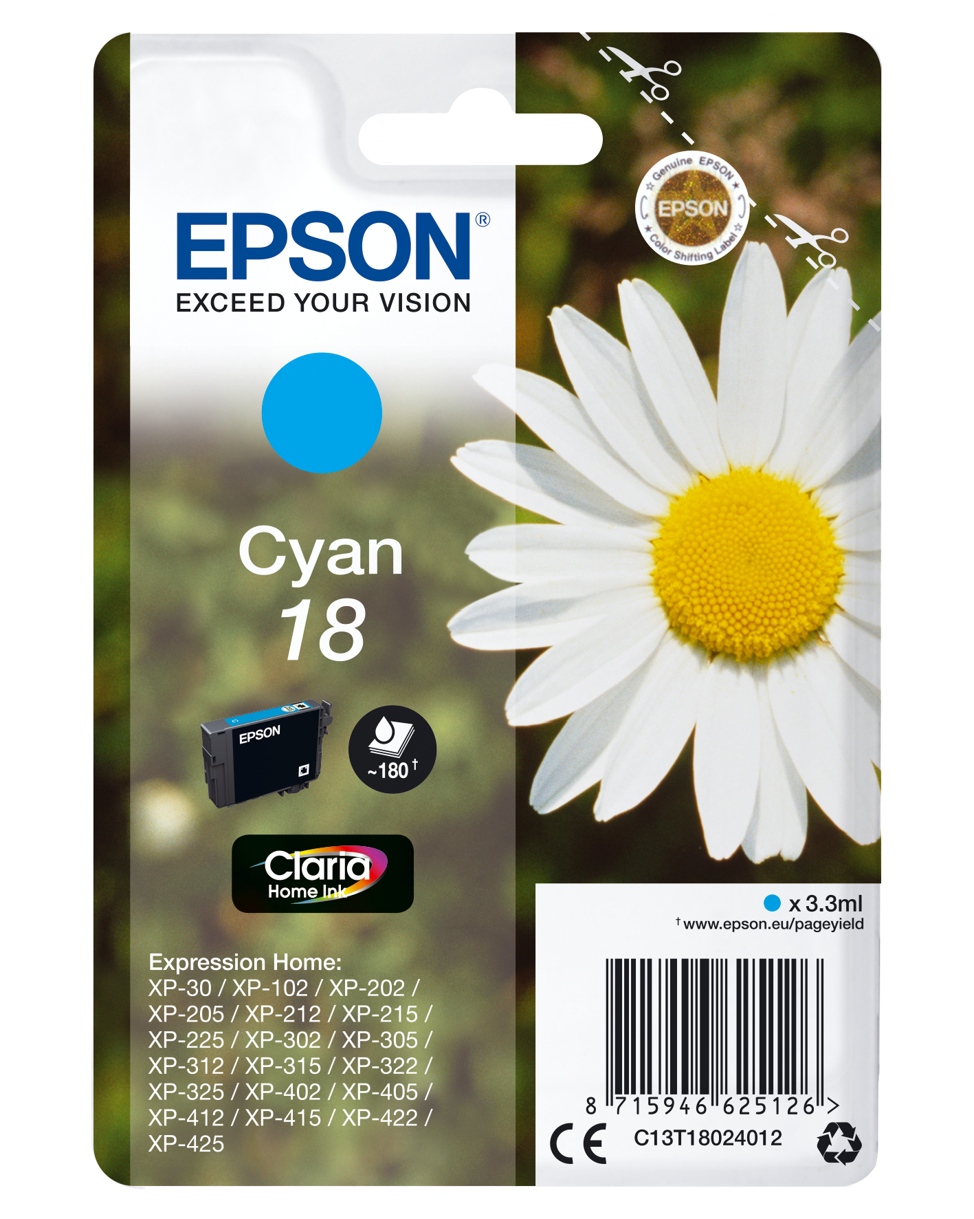 Epson 18 - 3.3 ml - azul cyan - original - blister com RF/alarme acústico - tinteiro - para Expression Home XP-212, 215, 225, 312, 315, 322, 325, 412, 415, 422, 425