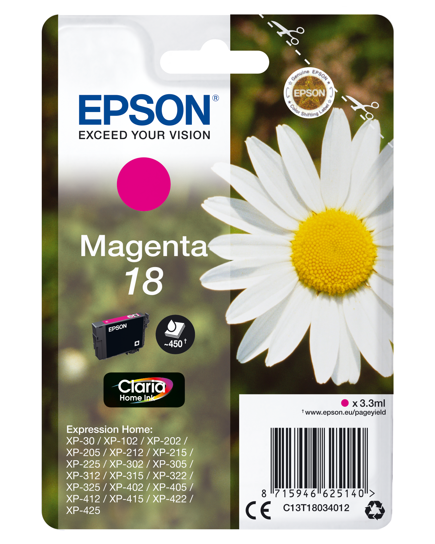 Epson 18 - 3.3 ml - magenta - original - tinteiro - para Expression Home XP-212, 215, 225, 312, 315, 322, 325, 412, 415, 422, 425
