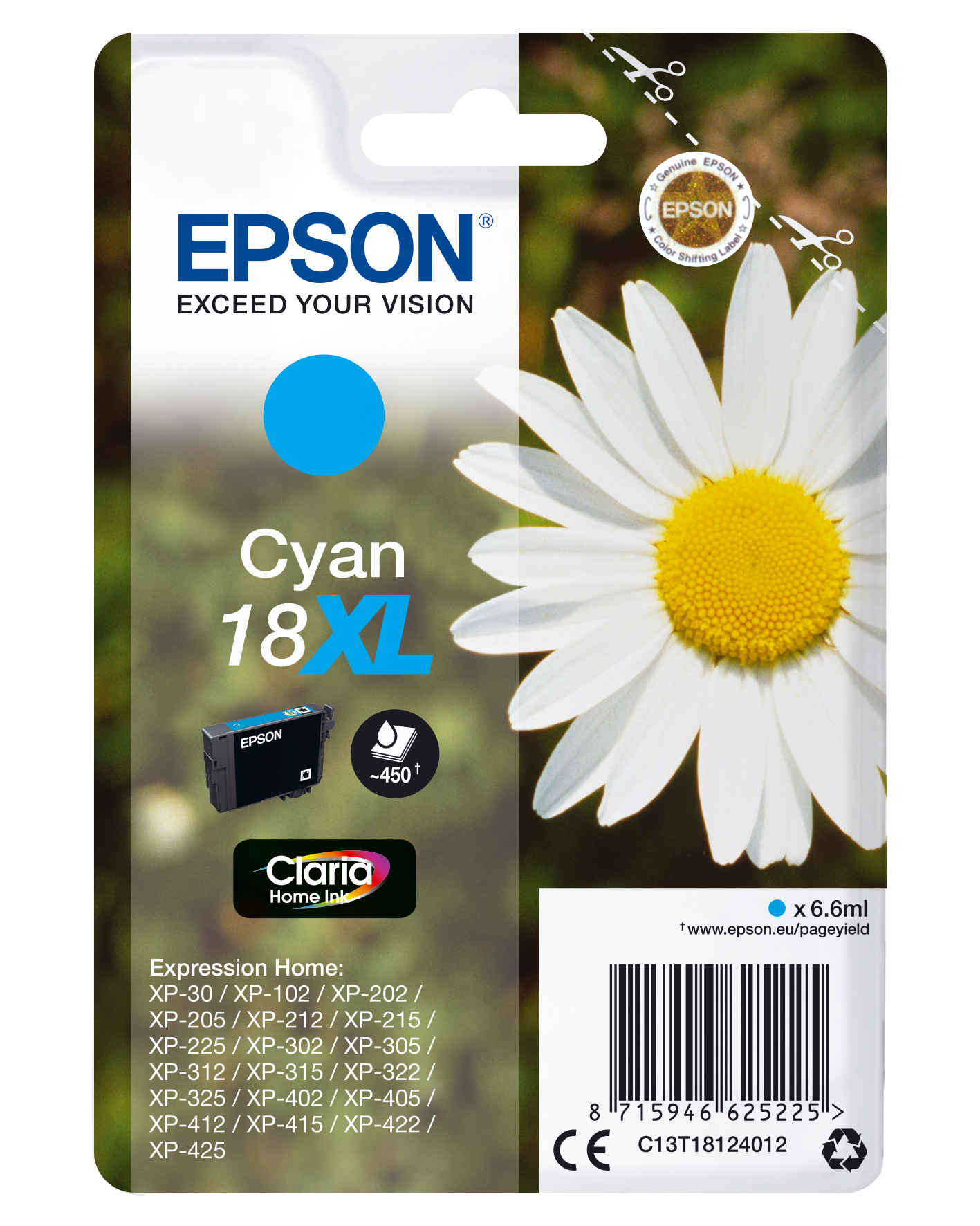 Epson 18XL - 6.6 ml - XL - azul cyan - original - tinteiro - para Expression Home XP-212, 215, 225, 312, 315, 322, 325, 412, 415, 422, 425