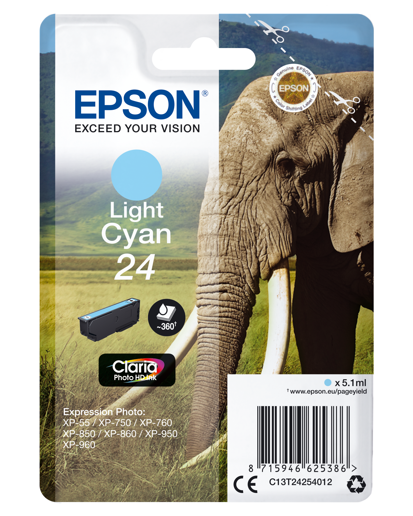 Epson 24 - 5.1 ml - azul cyan claro - original - tinteiro - para Expression Photo XP-55, 750, 760, 850, 860, 950, 960, 970, Expression Premium XP-750, 850