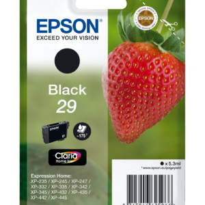 Epson 29 - 5.3 ml - preto - original - blister com RF/alarme acústico - tinteiro - para Expression Home XP-235, 245, 247, 255, 332, 335, 342, 345, 432, 435, 442, 445, 455