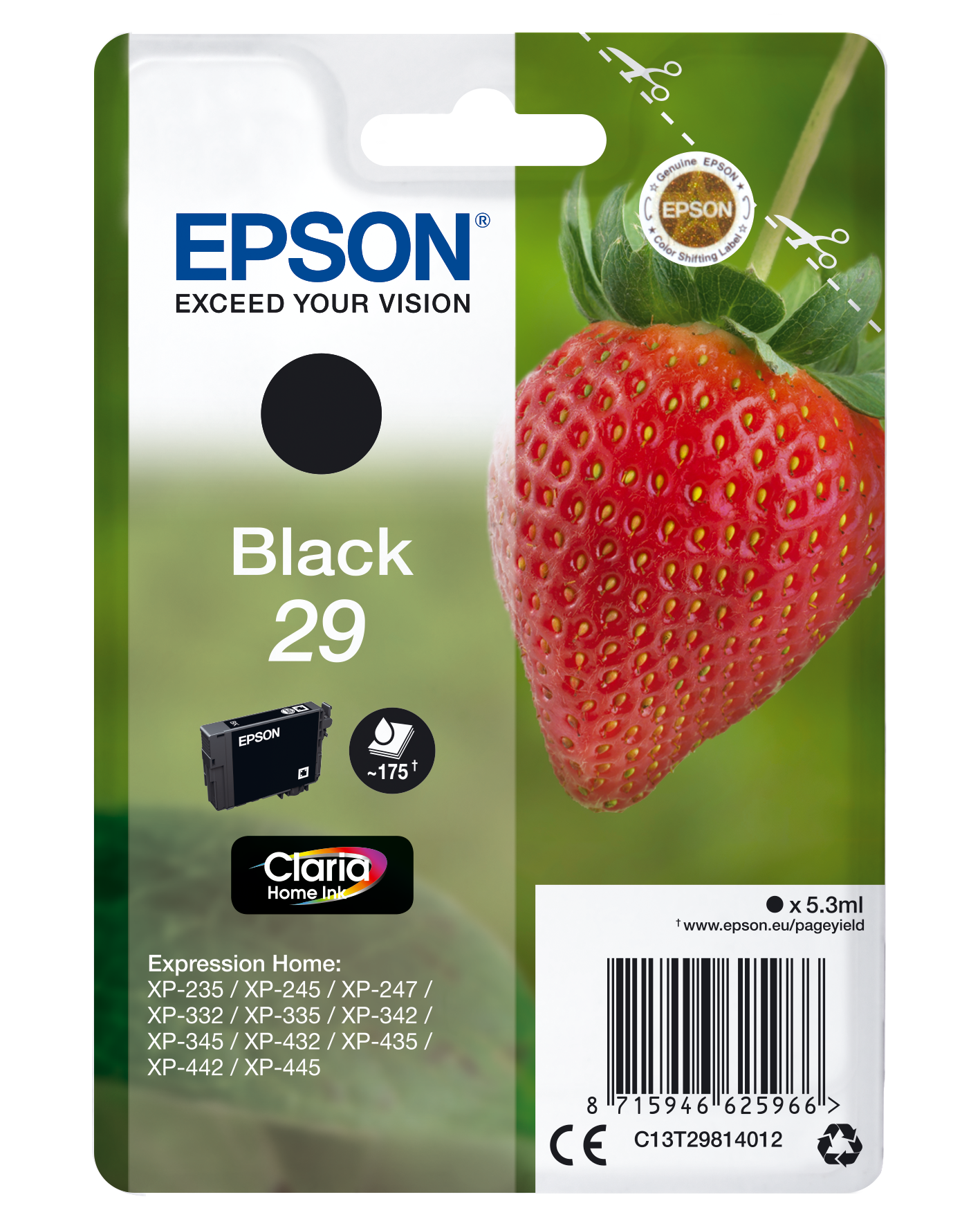 Epson 29 - 5.3 ml - preto - original - blister com RF/alarme acústico - tinteiro - para Expression Home XP-235, 245, 247, 255, 332, 335, 342, 345, 432, 435, 442, 445, 455