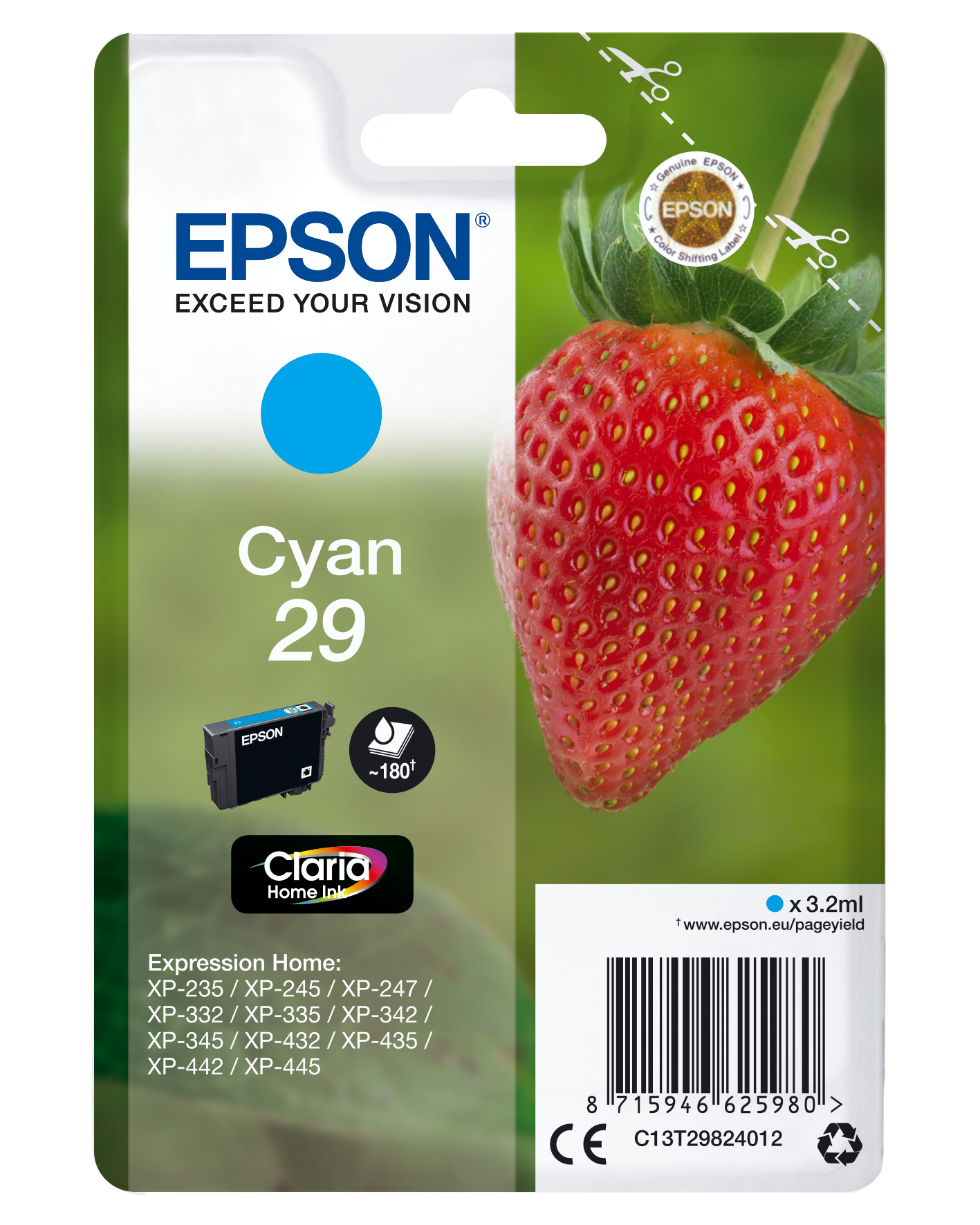 Epson 29 - 3.2 ml - azul cyan - original - blister com RF/alarme acústico - tinteiro - para Expression Home XP-235, 245, 247, 255, 332, 335, 342, 345, 432, 435, 442, 445, 455
