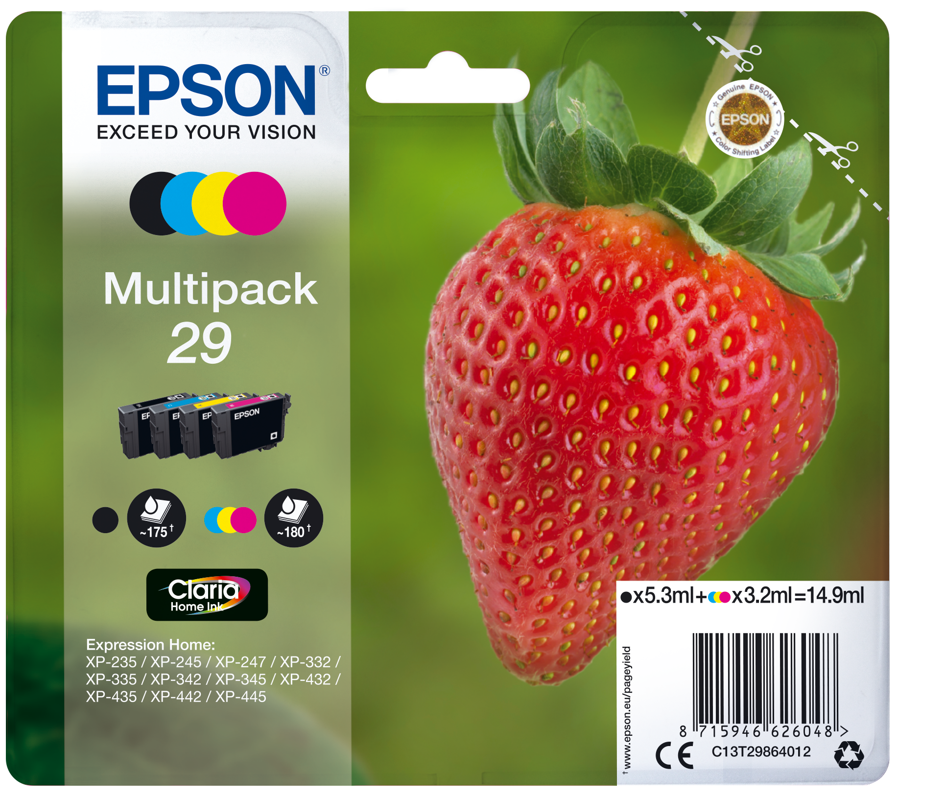 Epson 29 Multipack - Pack de 4 - 14.9 ml - preto, amarelo, azul cyan, magenta - original - blister com RF/alarme acústico - tinteiro - para Expression Home XP-235, 245, 247, 255, 332, 335, 342, 345, 432, 435, 442, 445, 455