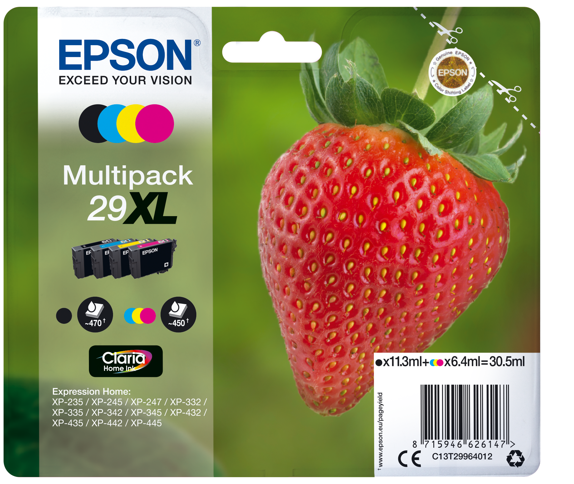 Epson 29XL Multipack - Pack de 4 - 30.5 ml - XL - preto, amarelo, azul cyan, magenta - original - blister com RF/alarme acústico - tinteiro - para Expression Home XP-235, 245, 247, 255, 332, 335, 342, 345, 432, 435, 442, 445, 455