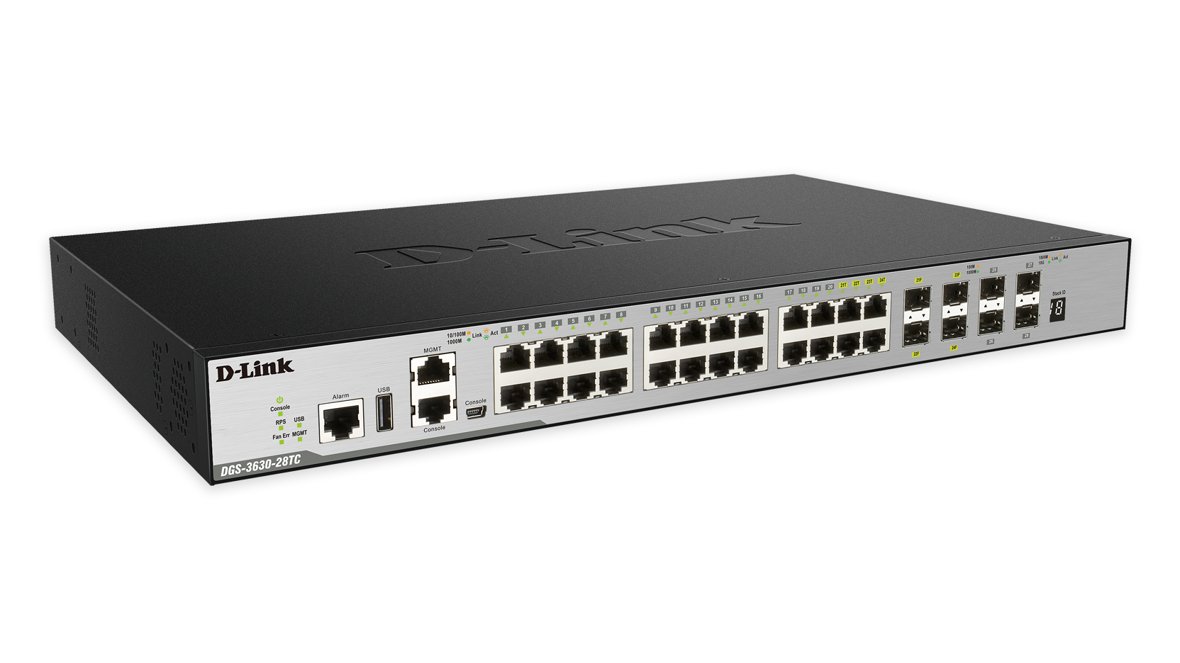 D-Link DGS 3630-28TC - Interruptor - L3 - Administrado - 20 x 10/100/1000 + 4 x combo Gigabit SFP + 4 x 10 Gigabit SFP+ - montável em trilho