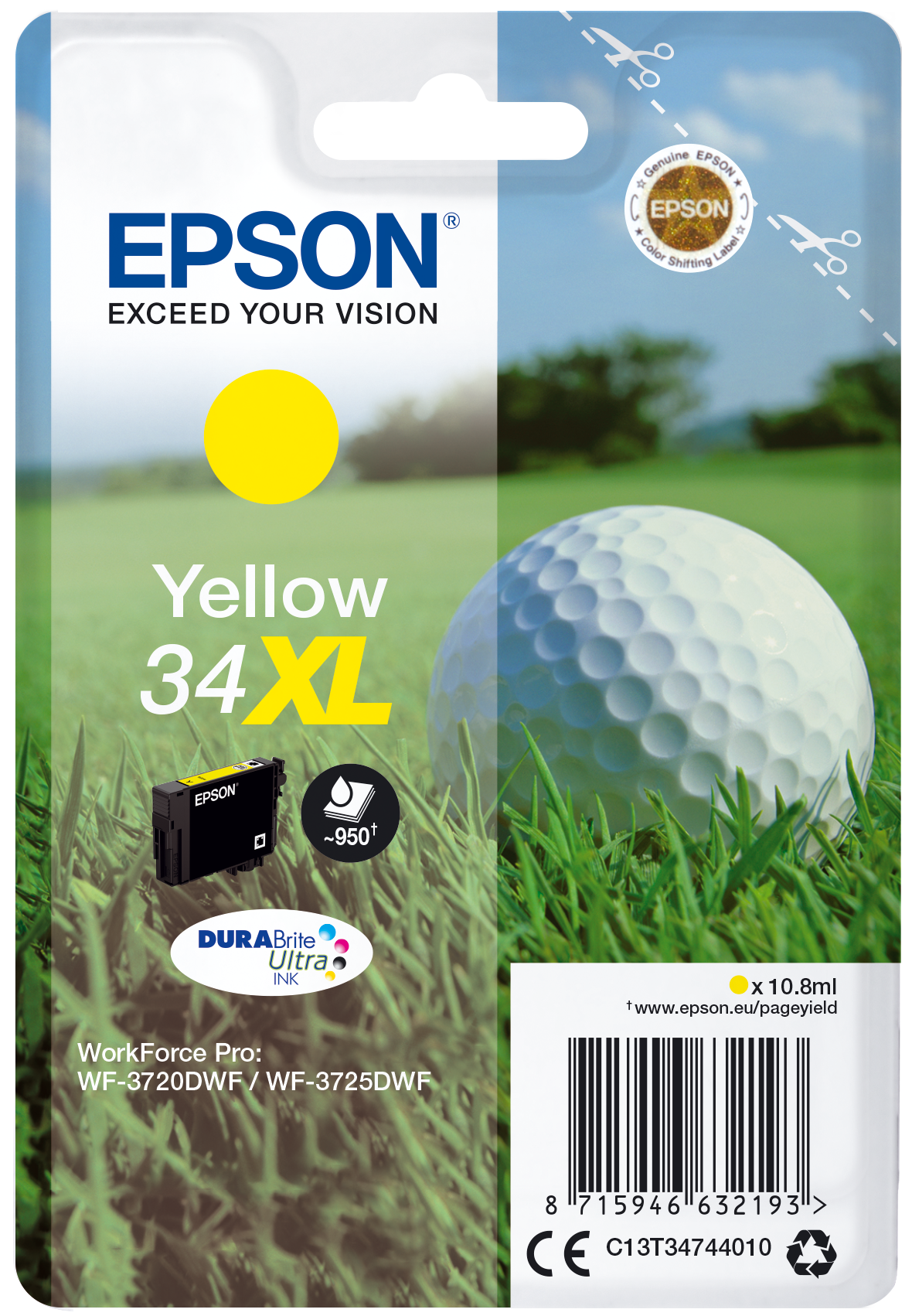 Epson 34XL - 10.8 ml - XL - amarelo - original - blister - tinteiro - para WorkForce Pro WF-3720, WF-3720DWF, WF-3725DWF