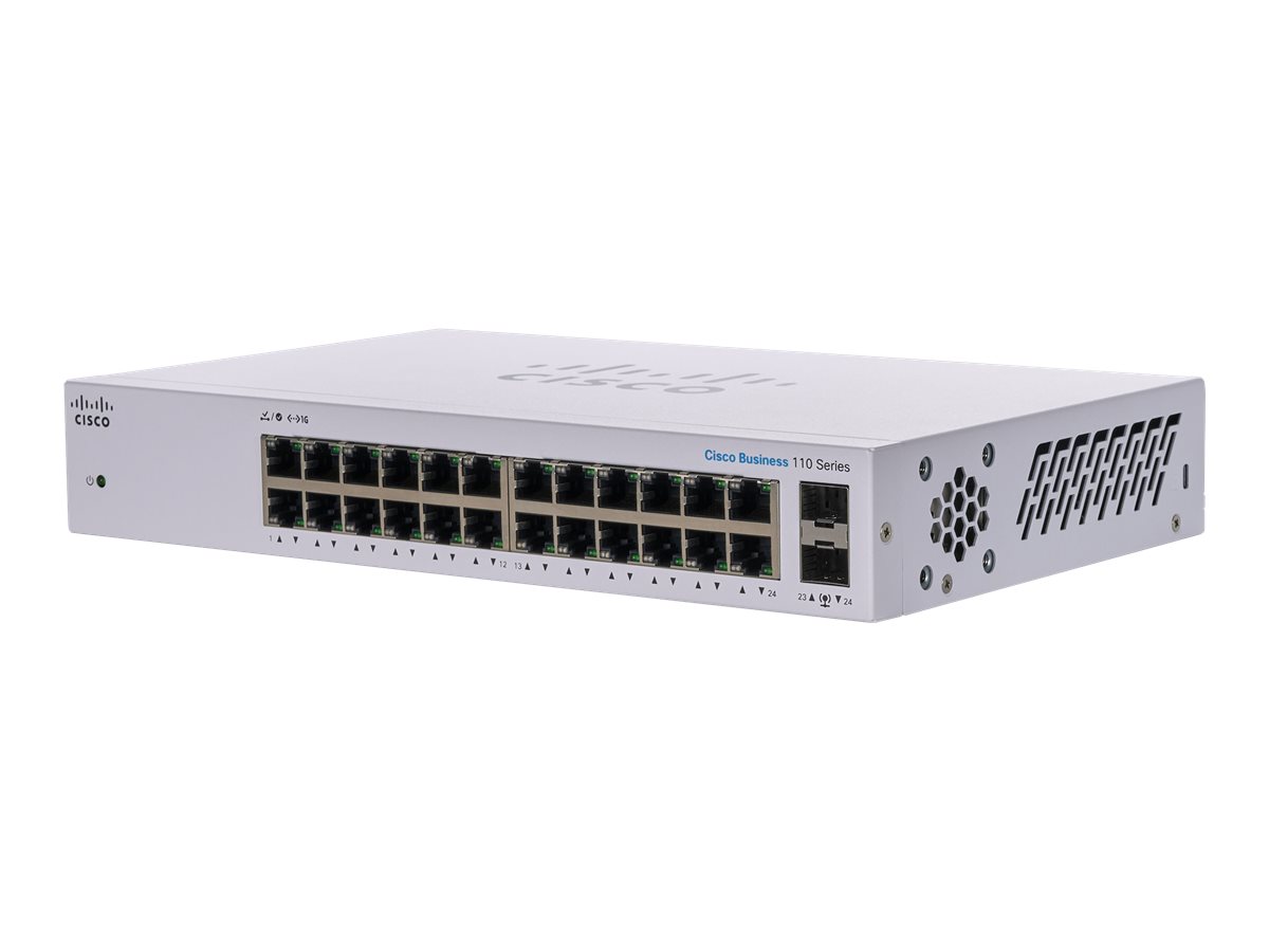 Cisco Business 110 Series 110-24T - Interruptor - sem gestão - 24 x 10/100/1000 + 2 x combo Gigabit SFP - montável em trilho, desktop, montável na parede