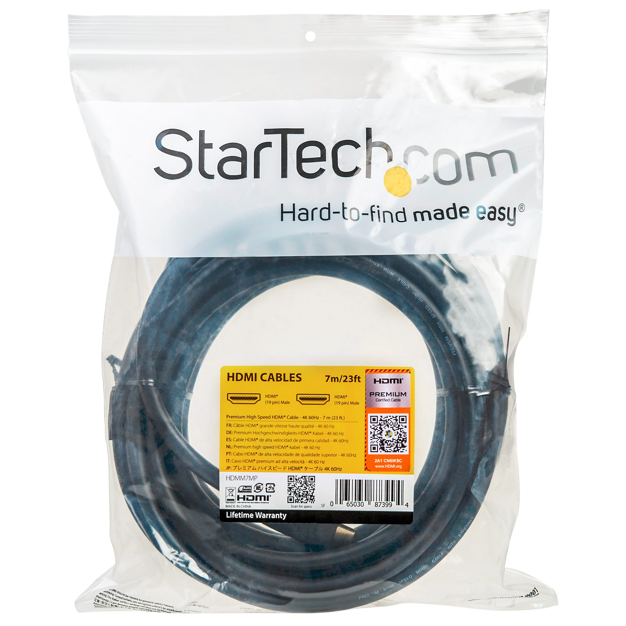 StarTech.com StarTech.com Premium Certified High Speed HDMI 2.0 Cable with Ethernet - 23ft 7m - 3D Ultra HD 4K 60Hz - 23 feet Long HDMI Male to Male Cord (HDMM7MP) - Cabo HDMI com Ethernet - HDMI macho para HDMI macho - 7 m - preto - para P/N: KITBXD - Image 3
