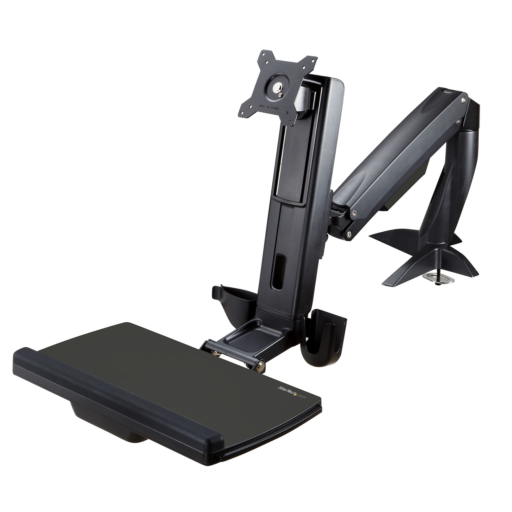 StarTech.com Sit Stand Monitor Arm, Desk Mount Adjustable Sit-Stand Workstation Arm for Single 34" VESA Mount Display, Ergonomic Articulating Standing Desk Converter with Keyboard Tray - Stand Up Office Desk (ARMSTSCP1) - Kit de montagem (placa de ba
