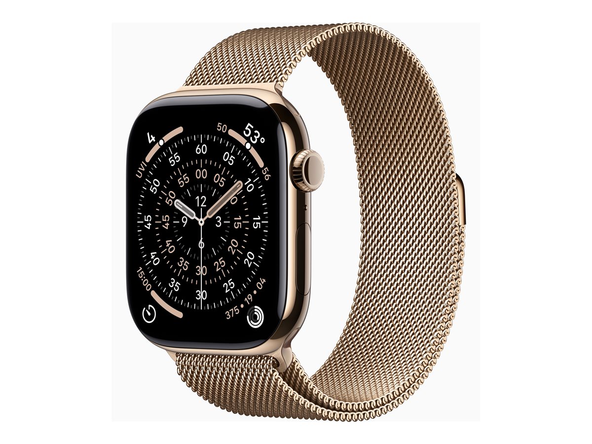 Apple Watch Series 11 (GPS + Cellular) - 46 mm - titânio dourado - relógio inteligente Com círculo milanês - rede de aço inoxidável - ouro - tamanho da banda: M/L - 64 GB - LTE, Wi-Fi 4, UWB, Bluetooth - 5G - 43.1 g