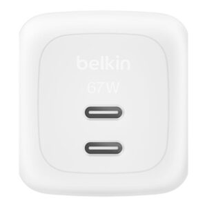 Belkin BoostCharge Pro - Adaptador de alimentação - GaN - 67 Watt - Fast Charge - 2 conectores de saída (2 x USB-C) - branco - com cabo USB-C (2 m)
